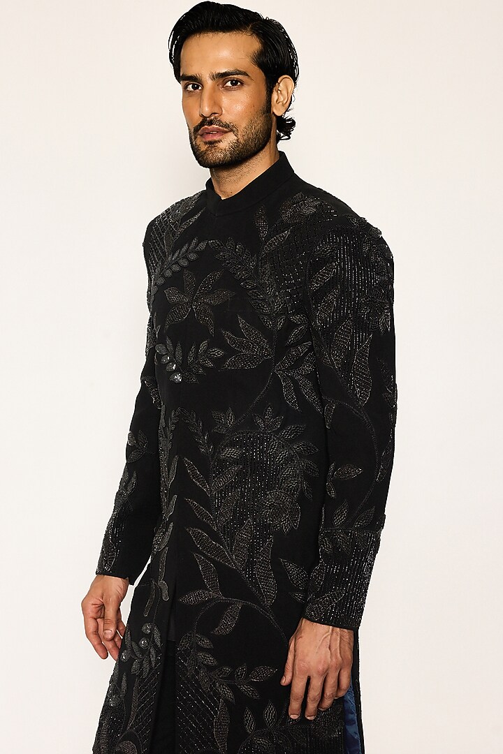 Jet Black Japanese Suiting Fabric Hand Embroidered Groom Indowestern Set by Ankit V Kapoor at Pernia's Pop Up Shop