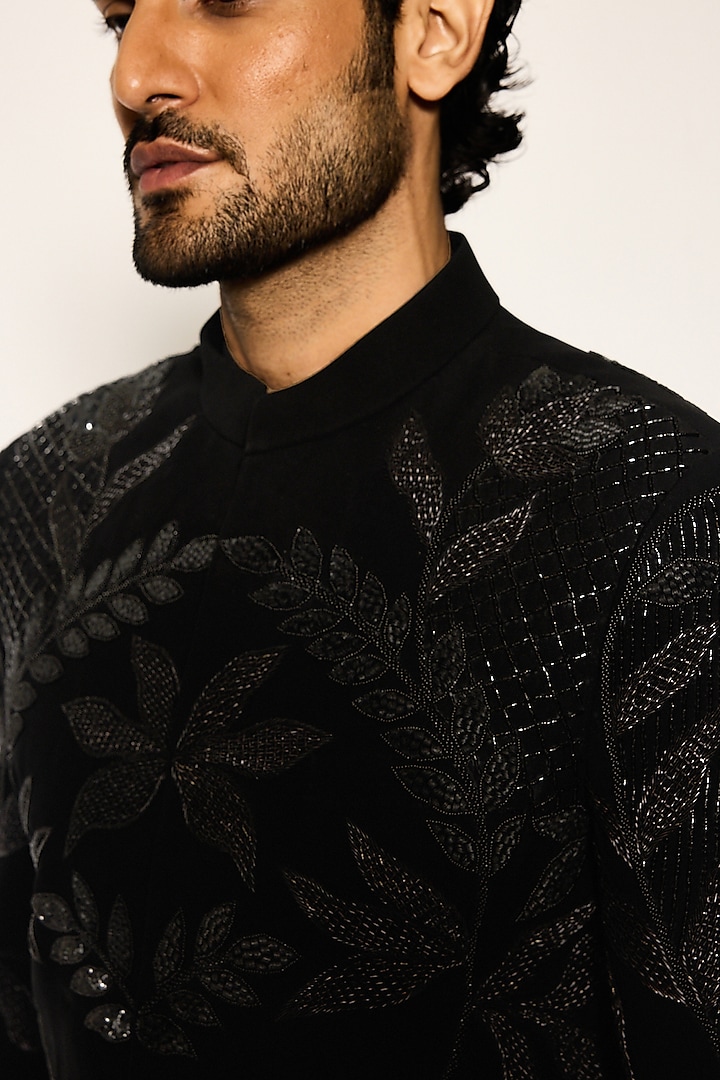 Jet Black Japanese Suiting Fabric Hand Embroidered Groom Indowestern Set by Ankit V Kapoor at Pernia's Pop Up Shop