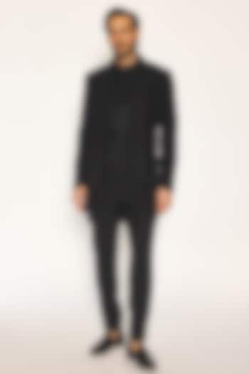Jet Black Japanese Suiting Fabric Draped Jacket Set by Ankit V Kapoor