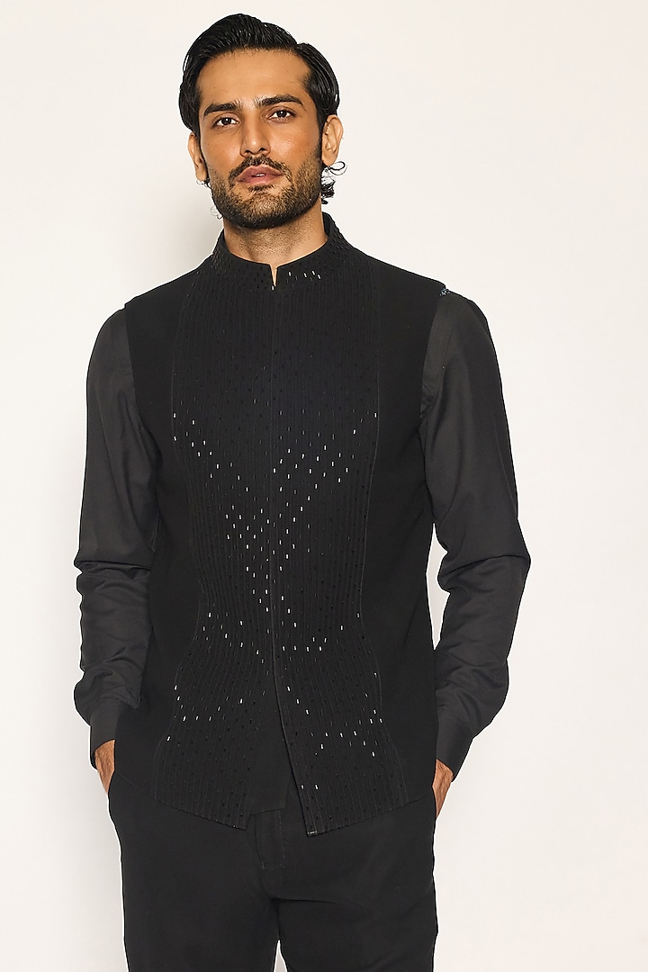 Jet Black Japanese Suiting Fabric Draped Jacket Set by Ankit V Kapoor at Pernia's Pop Up Shop