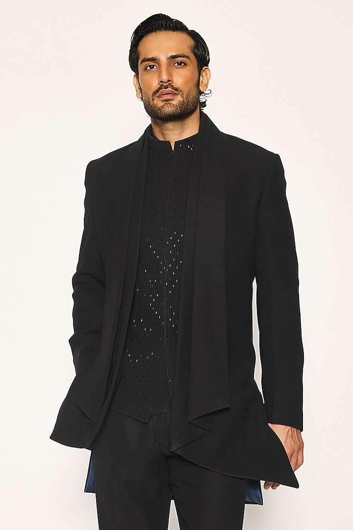 Jet Black Japanese Suiting Fabric Draped Jacket Set by Ankit V Kapoor at Pernia's Pop Up Shop