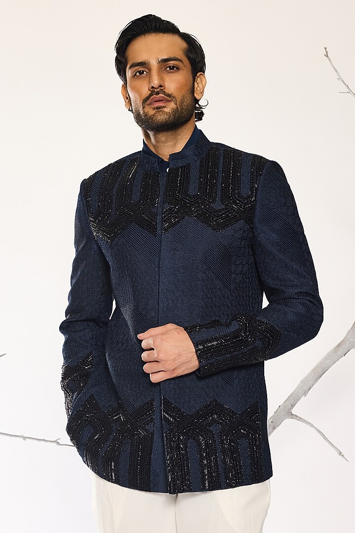 Royal Blue Cotton Silk Thread Embroidered Wedding Bandhgala Set by Ankit V Kapoor at Pernia's Pop Up Shop