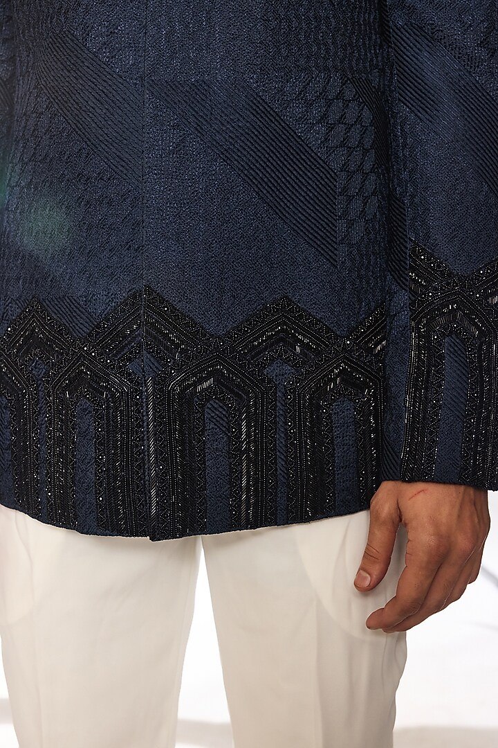 Royal Blue Cotton Silk Thread Embroidered Wedding Bandhgala Set by Ankit V Kapoor at Pernia's Pop Up Shop