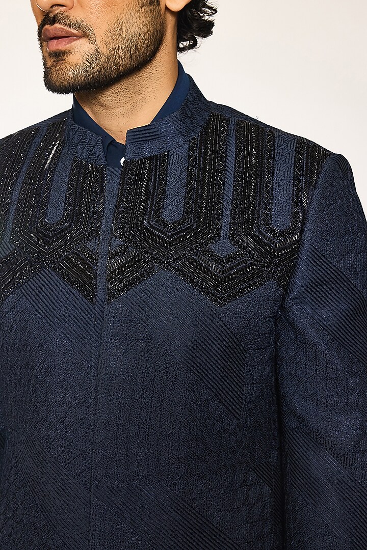 Royal Blue Cotton Silk Thread Embroidered Wedding Bandhgala Set by Ankit V Kapoor at Pernia's Pop Up Shop
