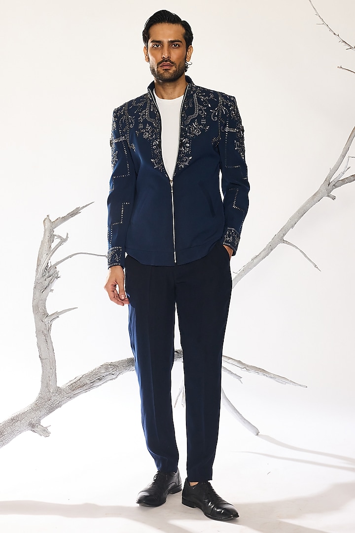 Deep Blue Japanese Fabric Hand Embroidered Shacket Set by Ankit V Kapoor