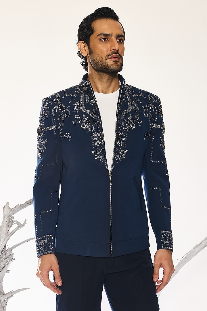 Deep Blue Japanese Fabric Hand Embroidered Shacket Set by Ankit V Kapoor at Pernia's Pop Up Shop