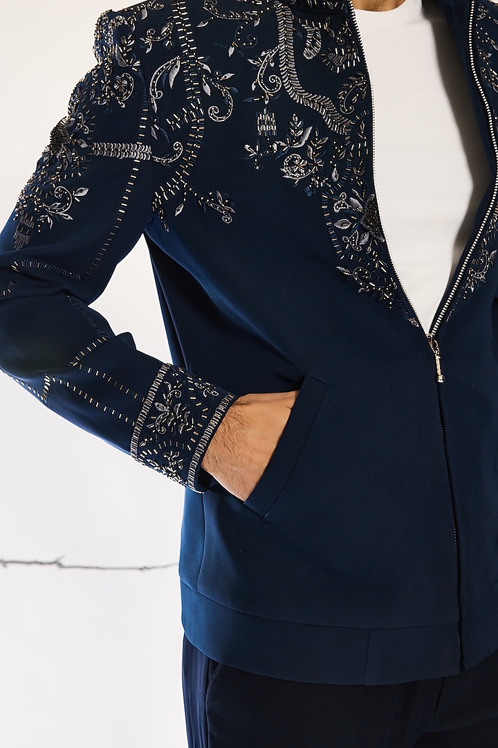 Deep Blue Japanese Fabric Hand Embroidered Shacket Set by Ankit V Kapoor at Pernia's Pop Up Shop