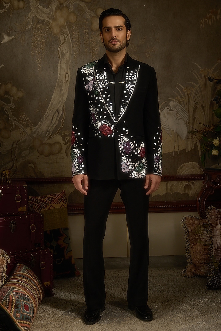 Jet Black Japanese Suiting Fabric Floral Embroidered Tuxedo Set by Ankit V Kapoor