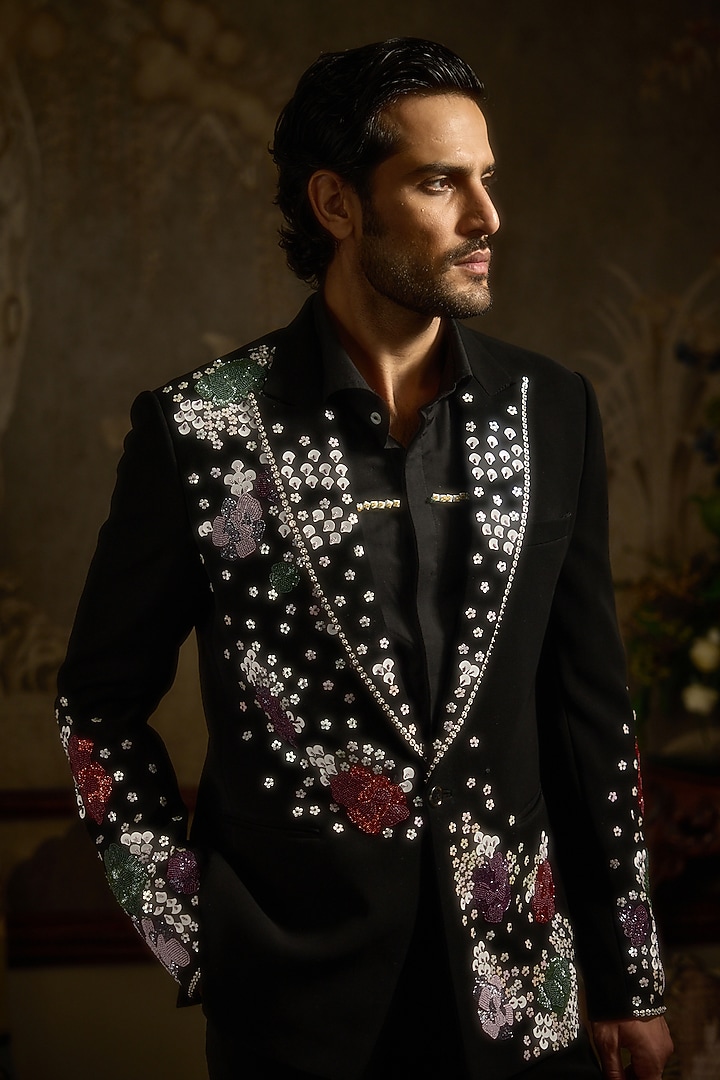 Jet Black Japanese Suiting Fabric Floral Embroidered Tuxedo Set by Ankit V Kapoor at Pernia's Pop Up Shop