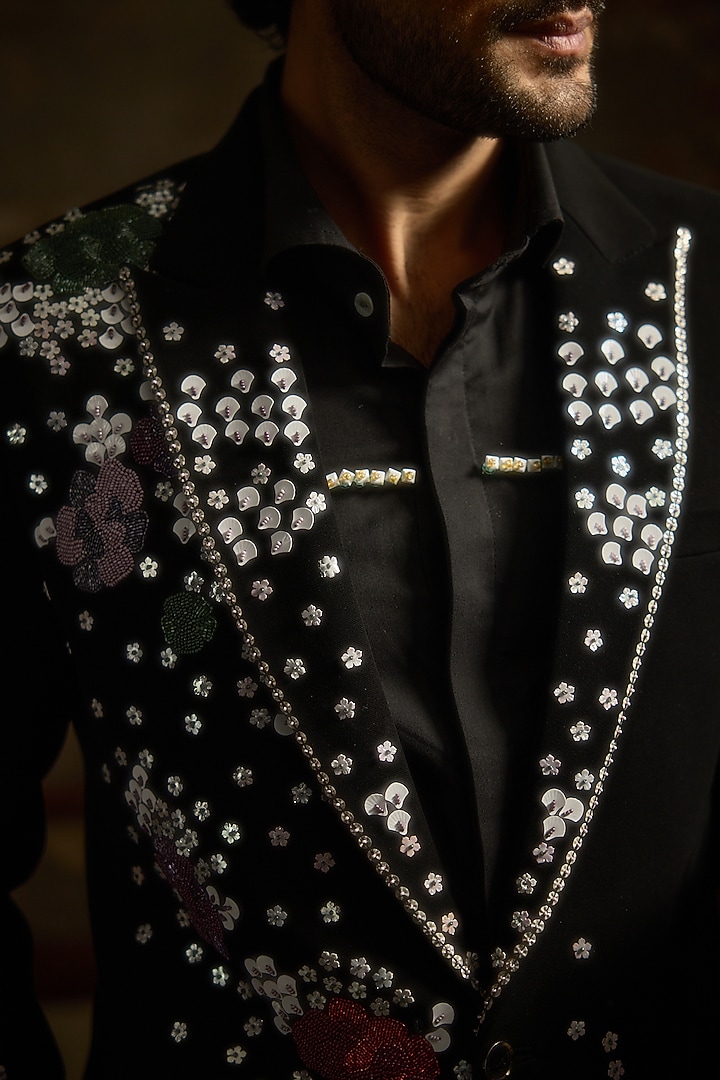 Jet Black Japanese Suiting Fabric Floral Embroidered Tuxedo Set by Ankit V Kapoor at Pernia's Pop Up Shop