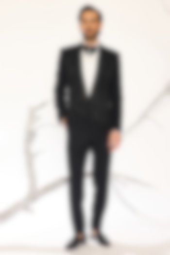 Jet Black Japanese Suiting Fabric Bead Embroidered Tuxedo Set by Ankit V Kapoor