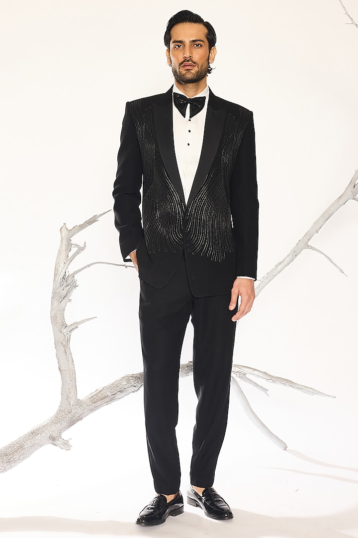 Jet Black Japanese Suiting Fabric Bead Embroidered Tuxedo Set by Ankit V Kapoor