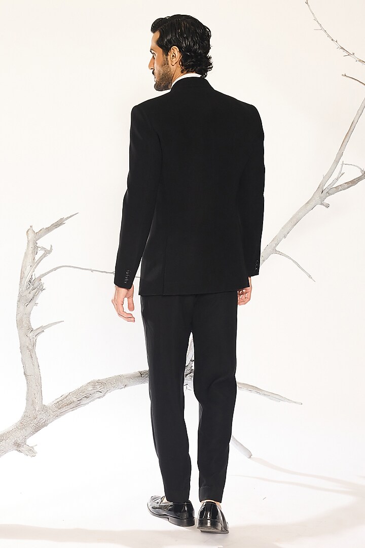 Jet Black Japanese Suiting Fabric Bead Embroidered Tuxedo Set by Ankit V Kapoor at Pernia's Pop Up Shop