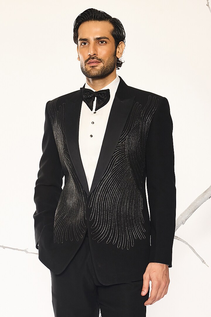 Jet Black Japanese Suiting Fabric Bead Embroidered Tuxedo Set by Ankit V Kapoor at Pernia's Pop Up Shop
