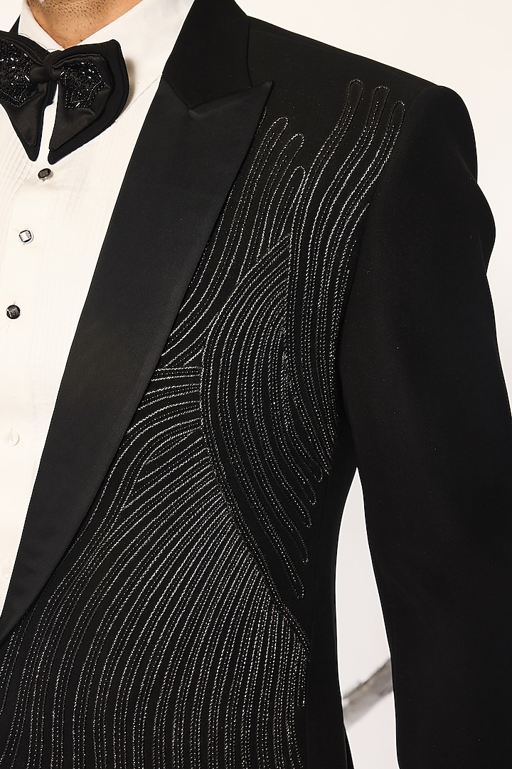 Jet Black Japanese Suiting Fabric Bead Embroidered Tuxedo Set by Ankit V Kapoor at Pernia's Pop Up Shop