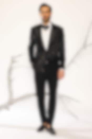Jet Black Japanese Suiting Fabric Cutdana Embroidered Tuxedo Set by Ankit V Kapoor
