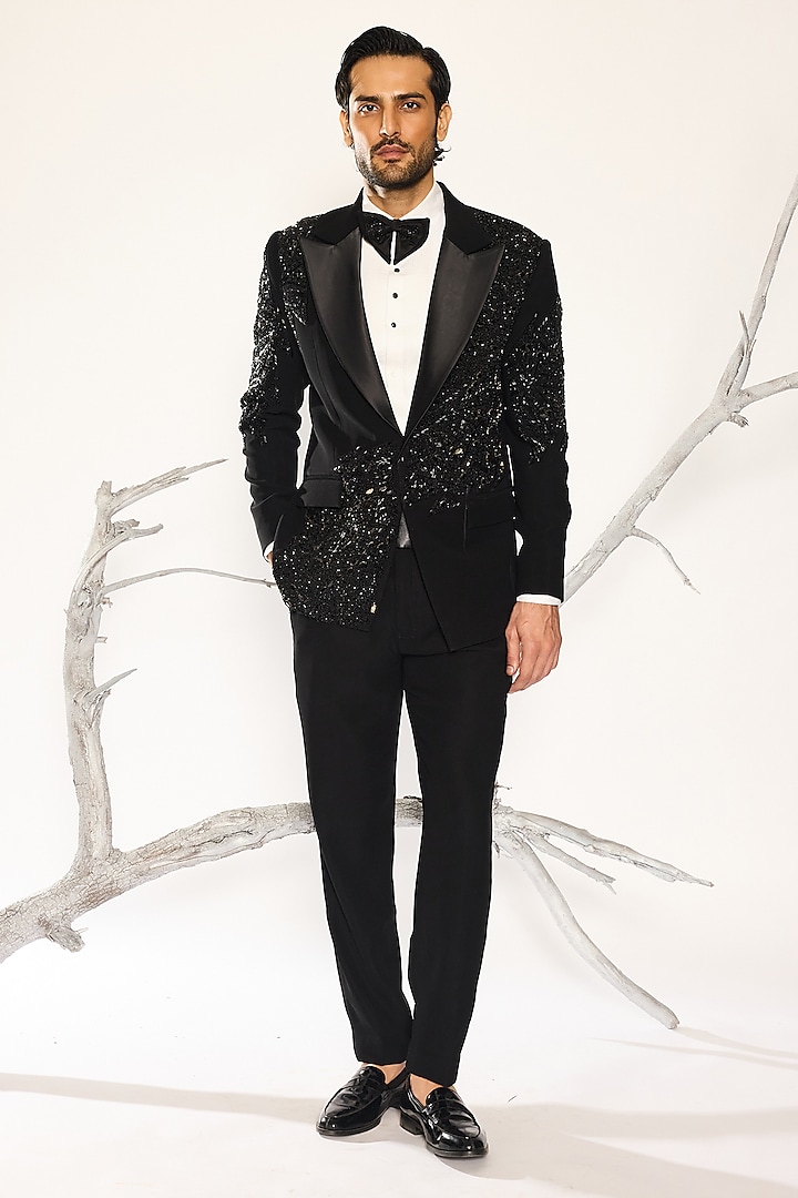 Jet Black Japanese Suiting Fabric Cutdana Embroidered Tuxedo Set by Ankit V Kapoor