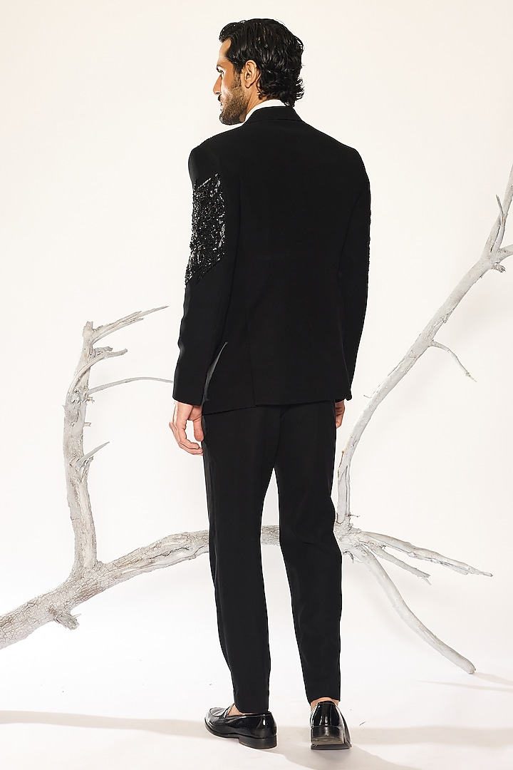 Jet Black Japanese Suiting Fabric Cutdana Embroidered Tuxedo Set by Ankit V Kapoor at Pernia's Pop Up Shop