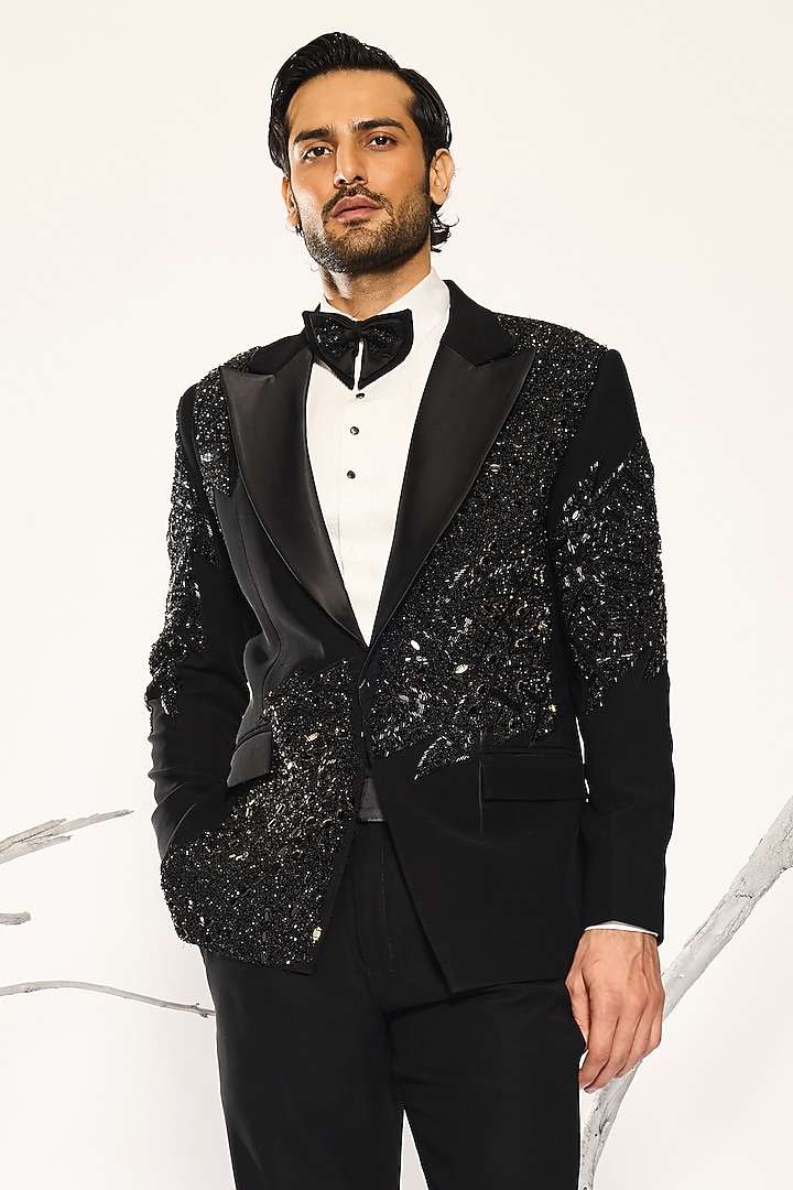 Jet Black Japanese Suiting Fabric Cutdana Embroidered Tuxedo Set by Ankit V Kapoor at Pernia's Pop Up Shop