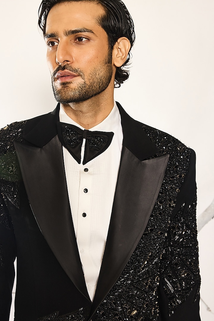 Jet Black Japanese Suiting Fabric Cutdana Embroidered Tuxedo Set by Ankit V Kapoor at Pernia's Pop Up Shop