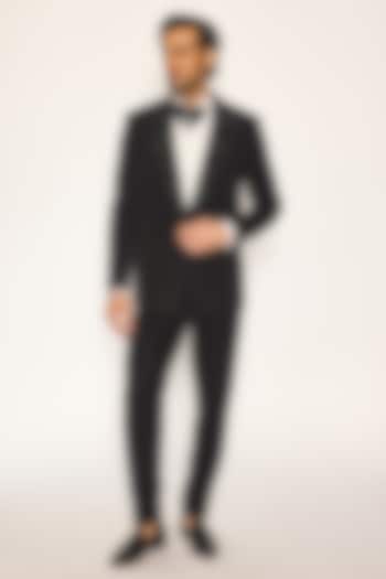 Jet Black Japanese Suiting Fabric Cutdana Embroidered Tuxedo Set by Ankit V Kapoor
