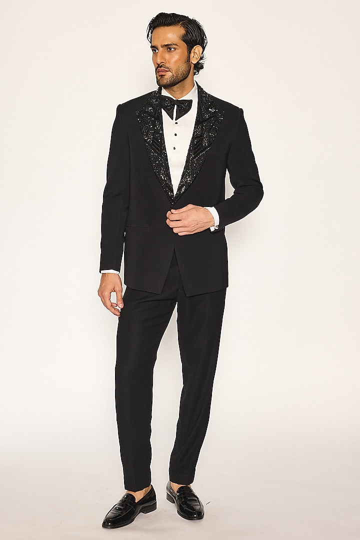 Jet Black Japanese Suiting Fabric Cutdana Embroidered Tuxedo Set by Ankit V Kapoor