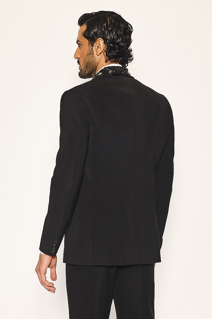 Jet Black Japanese Suiting Fabric Cutdana Embroidered Tuxedo Set by Ankit V Kapoor at Pernia's Pop Up Shop