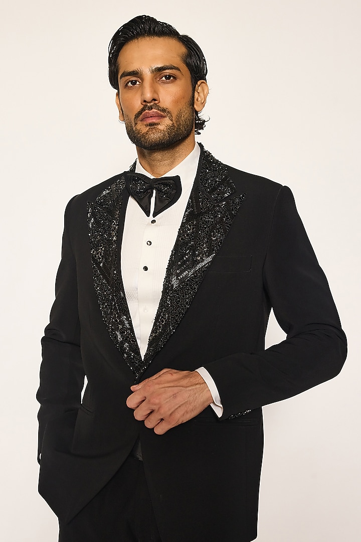 Jet Black Japanese Suiting Fabric Cutdana Embroidered Tuxedo Set by Ankit V Kapoor at Pernia's Pop Up Shop