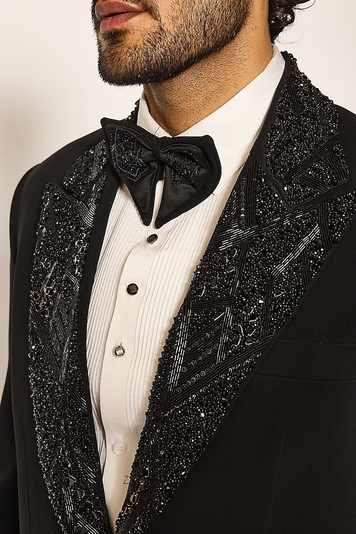 Jet Black Japanese Suiting Fabric Cutdana Embroidered Tuxedo Set by Ankit V Kapoor at Pernia's Pop Up Shop