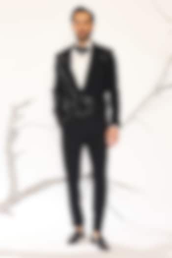 Black Japanese Suiting Fabric Cutdana Embroidered Tuxedo Set by Ankit V Kapoor
