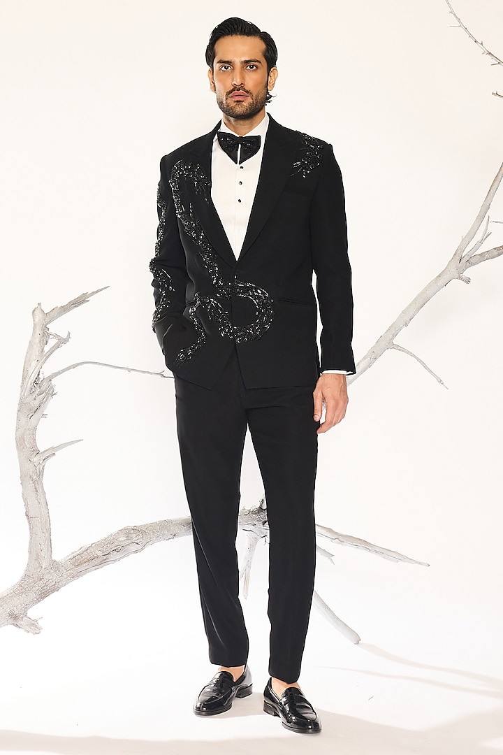 Black Japanese Suiting Fabric Cutdana Embroidered Tuxedo Set by Ankit V Kapoor