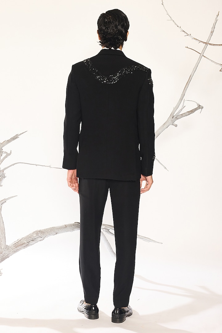 Black Japanese Suiting Fabric Cutdana Embroidered Tuxedo Set by Ankit V Kapoor at Pernia's Pop Up Shop