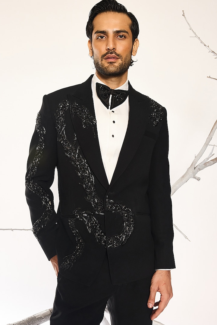 Black Japanese Suiting Fabric Cutdana Embroidered Tuxedo Set by Ankit V Kapoor at Pernia's Pop Up Shop