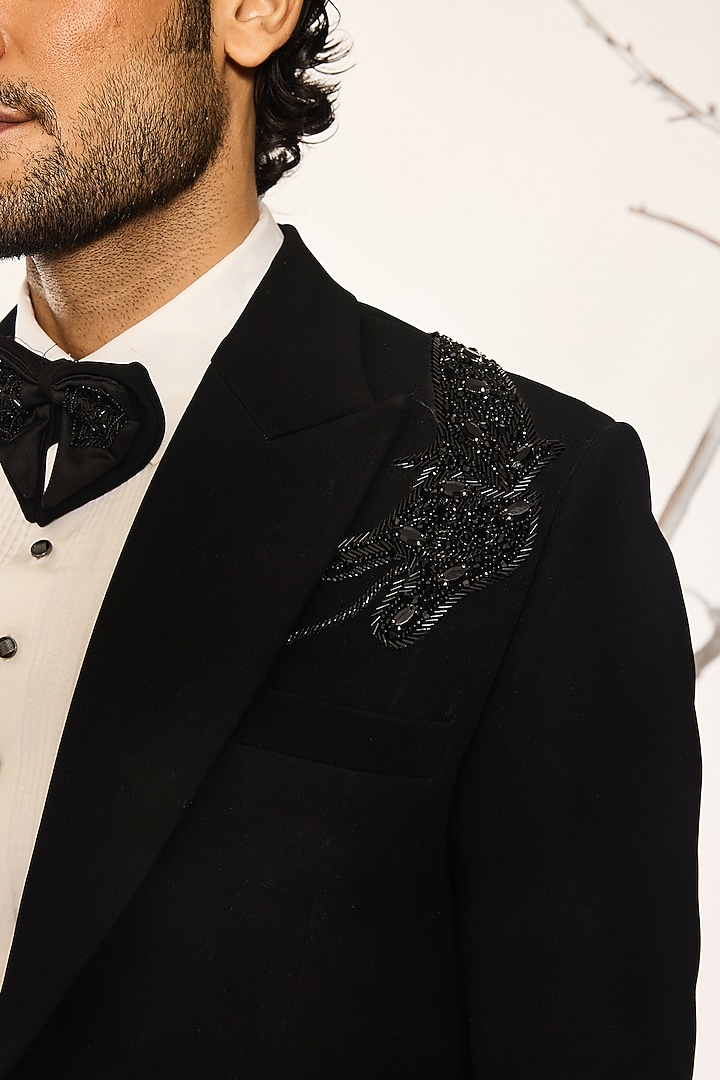 Black Japanese Suiting Fabric Cutdana Embroidered Tuxedo Set by Ankit V Kapoor at Pernia's Pop Up Shop