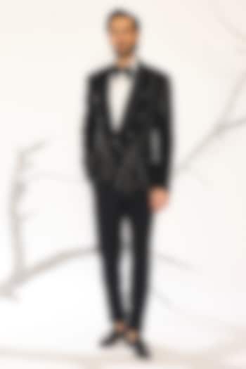 Black Japanese Suiting Fabric Embroidered Tuxedo Set by Ankit V Kapoor
