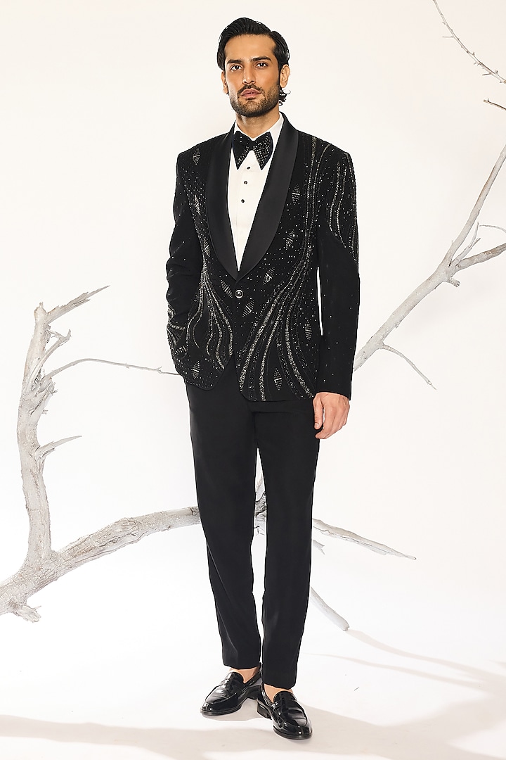 Black Japanese Suiting Fabric Embroidered Tuxedo Set by Ankit V Kapoor