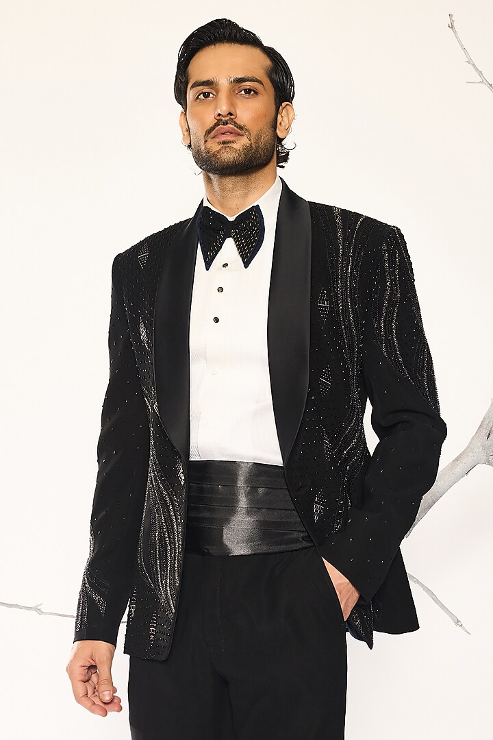 Black Japanese Suiting Fabric Embroidered Tuxedo Set by Ankit V Kapoor at Pernia's Pop Up Shop