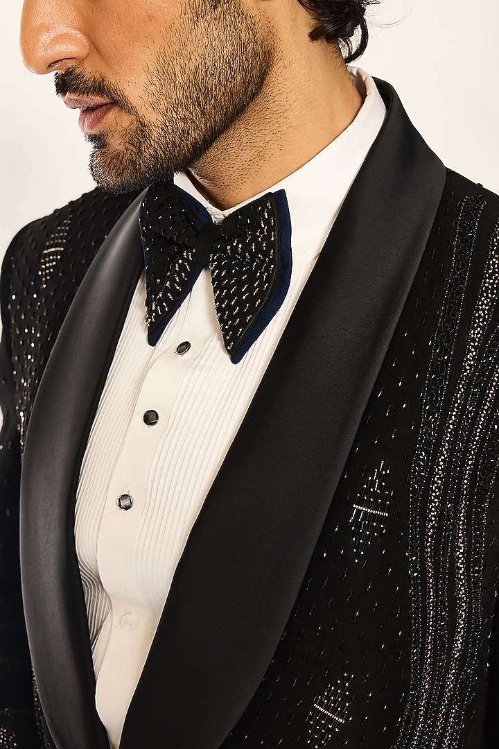 Black Japanese Suiting Fabric Embroidered Tuxedo Set by Ankit V Kapoor at Pernia's Pop Up Shop