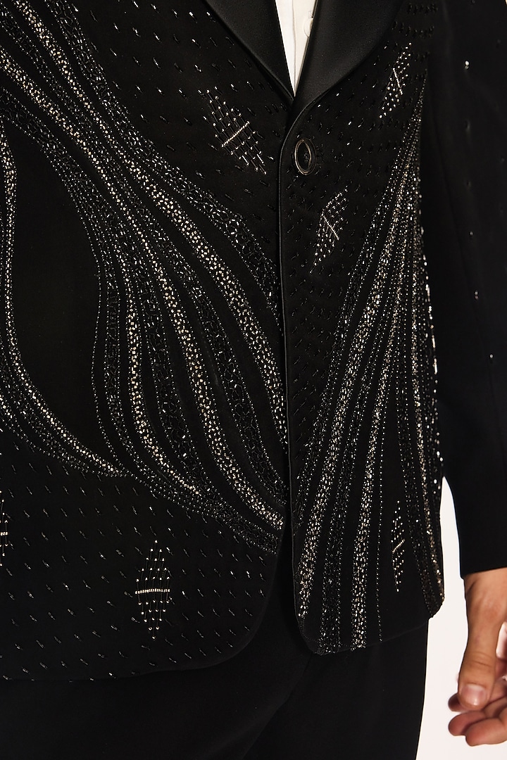 Black Japanese Suiting Fabric Embroidered Tuxedo Set by Ankit V Kapoor at Pernia's Pop Up Shop