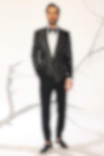 Black Japanese Fabric Cutdana Embroidered Tuxedo Set by Ankit V Kapoor