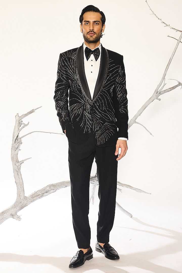 Black Japanese Fabric Cutdana Embroidered Tuxedo Set by Ankit V Kapoor