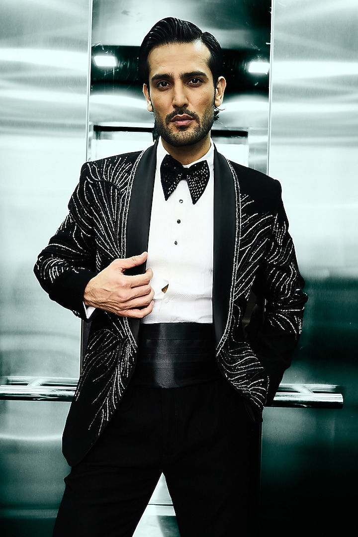 Black Japanese Fabric Cutdana Embroidered Tuxedo Set by Ankit V Kapoor at Pernia's Pop Up Shop