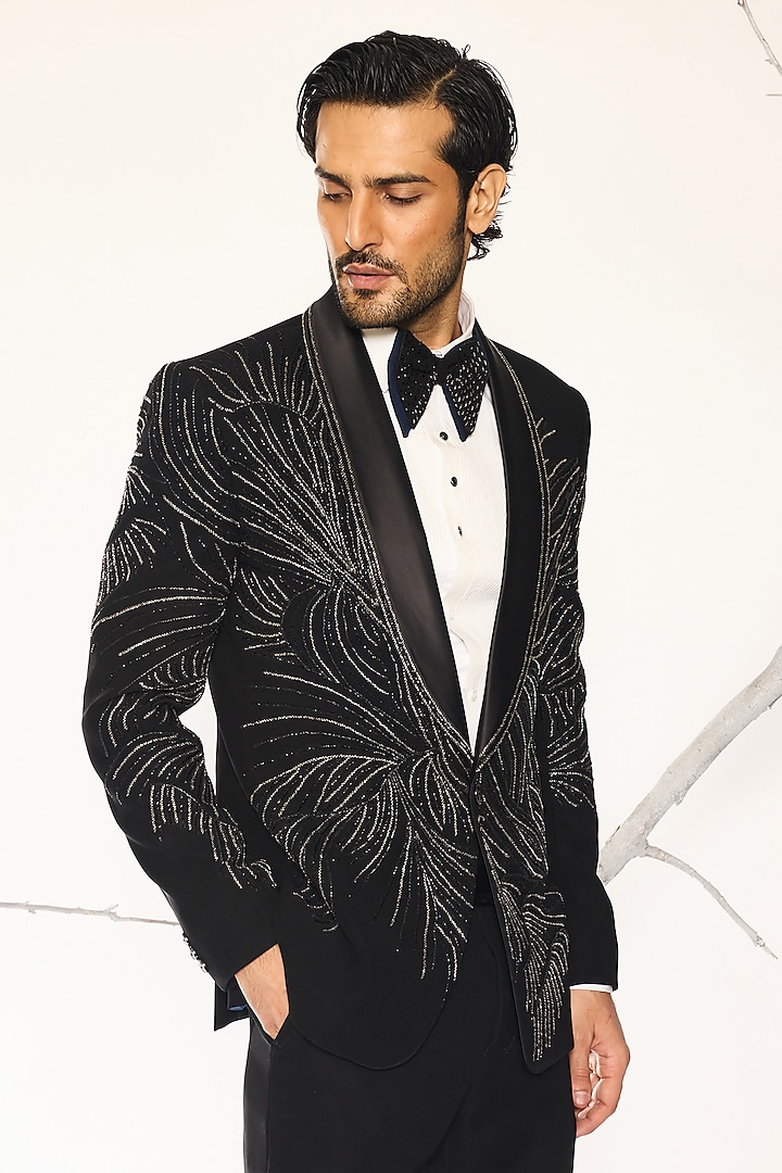 Black Japanese Fabric Cutdana Embroidered Tuxedo Set by Ankit V Kapoor at Pernia's Pop Up Shop