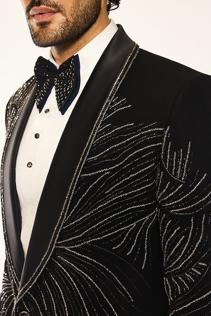 Black Japanese Fabric Cutdana Embroidered Tuxedo Set by Ankit V Kapoor at Pernia's Pop Up Shop