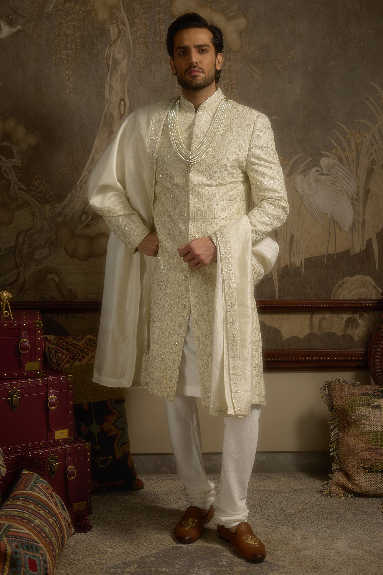Ivory Pure Silk Thread Hand Embroidered Sherwani Set by Ankit V Kapoor