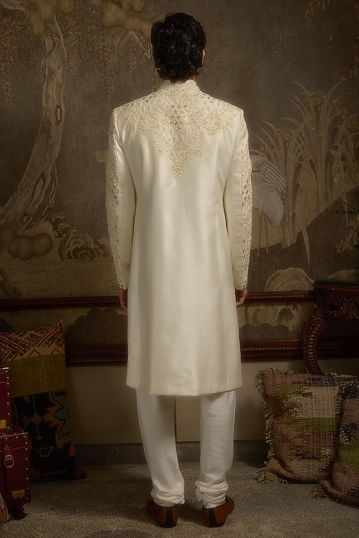 Ivory Pure Silk Hand Embroidered Groom Sherwani Set by Ankit V Kapoor at Pernia's Pop Up Shop