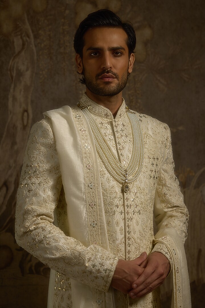 Ivory Pure Silk Hand Embroidered Groom Sherwani Set by Ankit V Kapoor at Pernia's Pop Up Shop