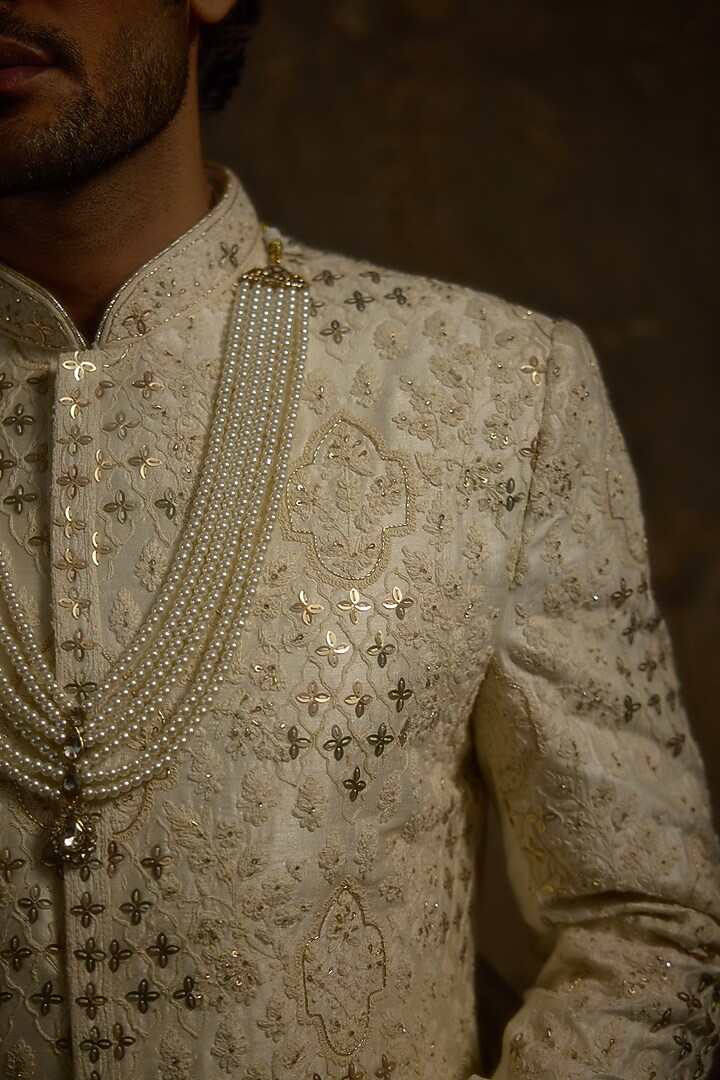 Ivory Pure Silk Hand Embroidered Groom Sherwani Set by Ankit V Kapoor at Pernia's Pop Up Shop