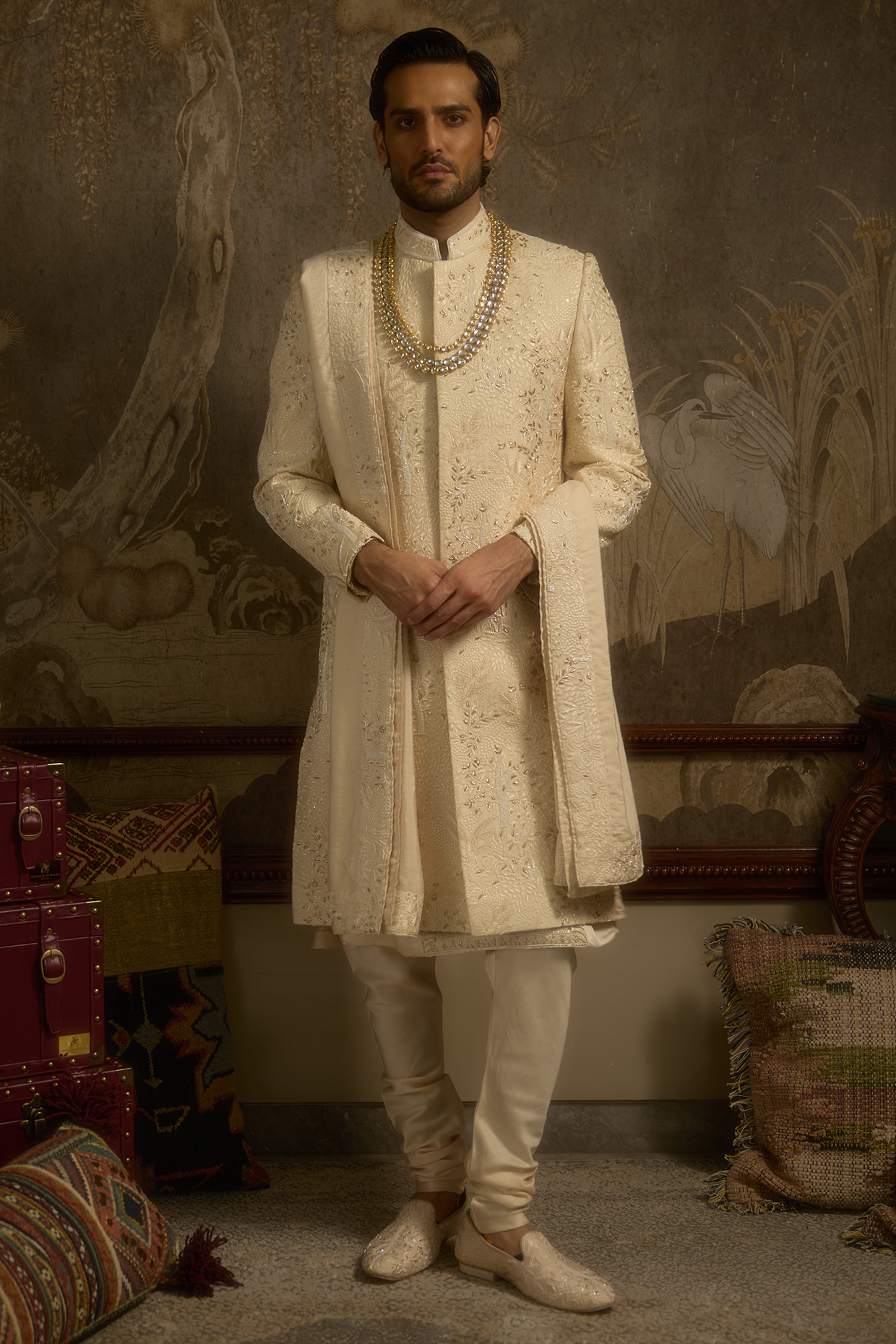 Champagne Gold Pure Silk Sequins Hand Embroidered Sherwani Set by Ankit V Kapoor