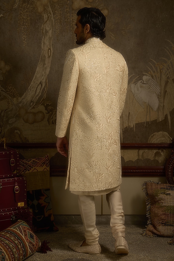 Champagne Gold Pure Silk Sequins Hand Embroidered Groom Sherwani Set by Ankit V Kapoor at Pernia's Pop Up Shop
